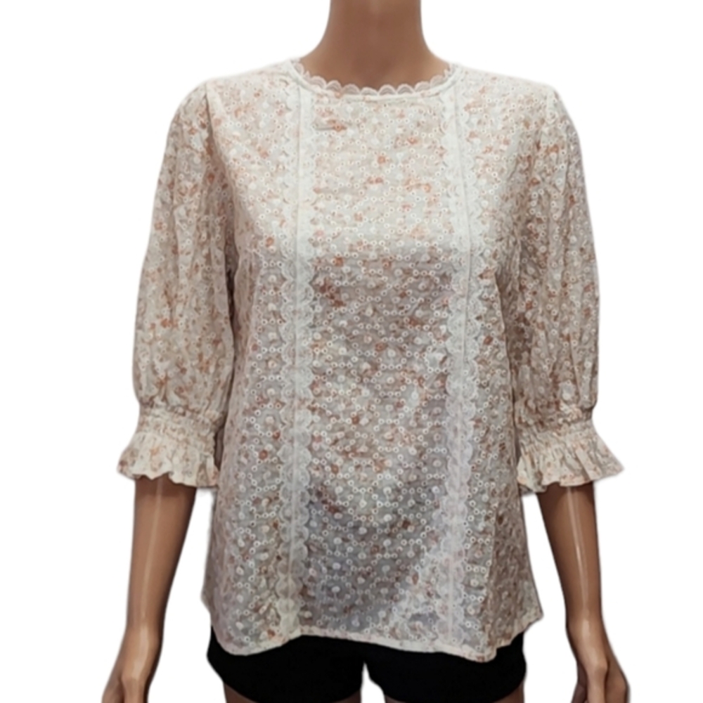 Aura Women’s Size  L Creme Pink Eyelet Ruffle‎ 3/4 Sleeve Peasant Top Blouse